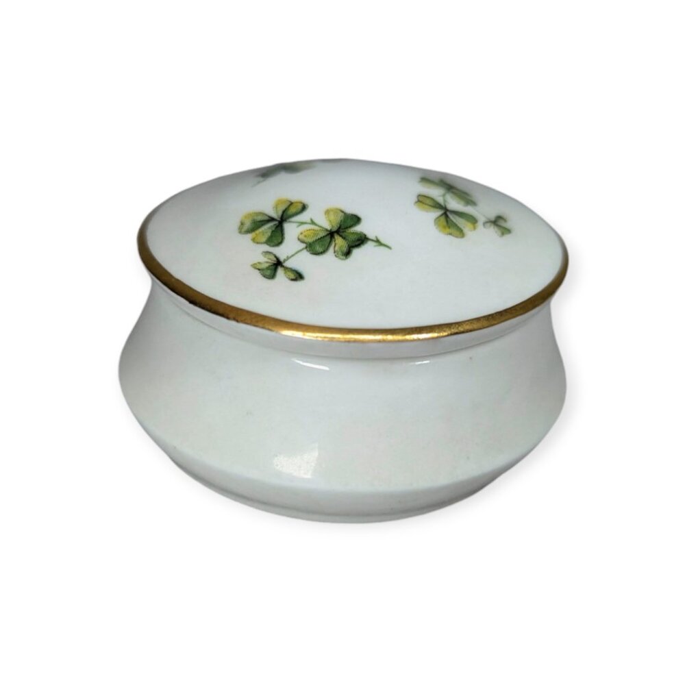 Royal Tara Fine Irish Bone China Round Trinket Box w/Shamrocks & Removable Lid